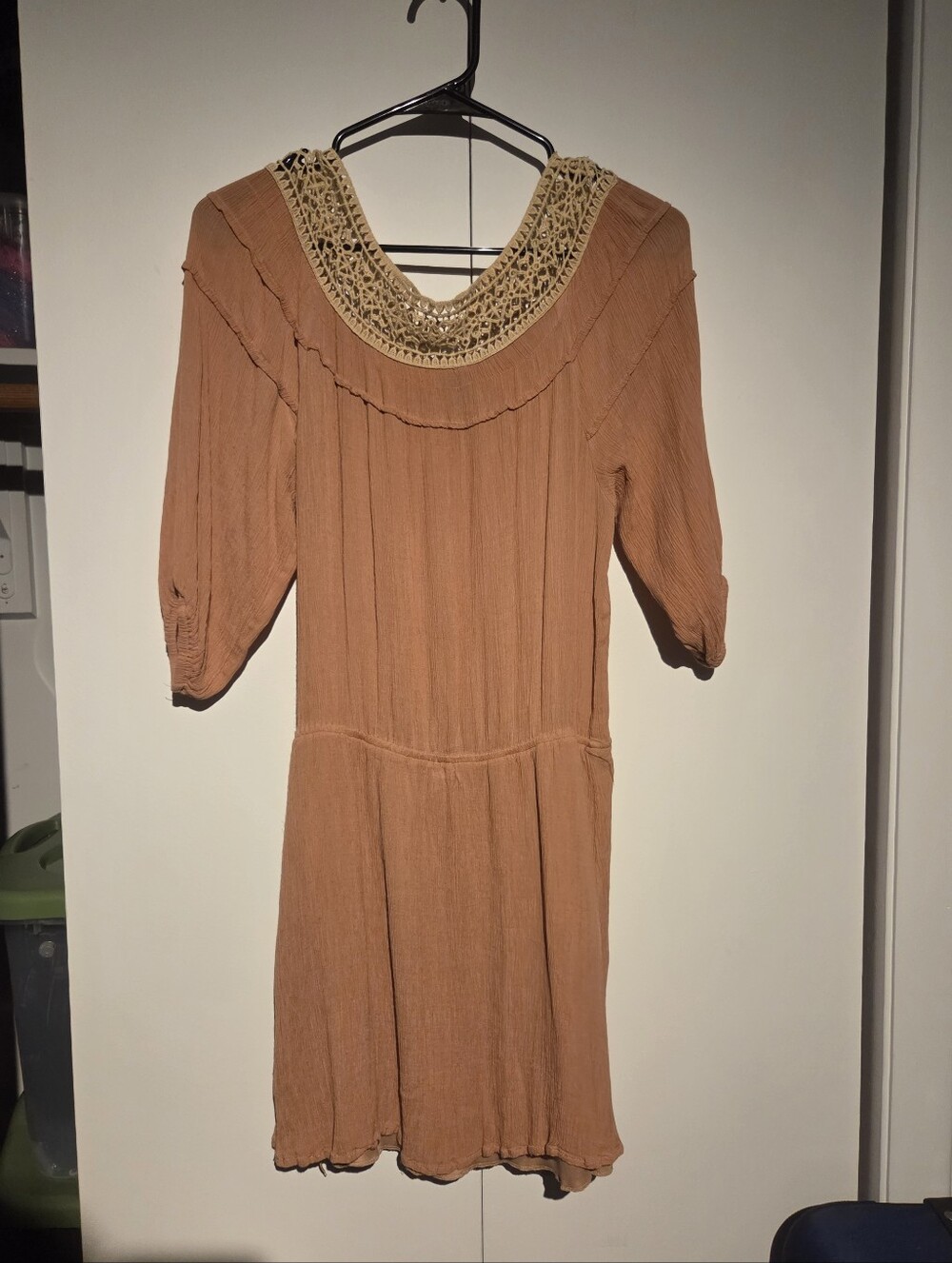 Chelsea Gauzy Rust-Tan Crochet Yoke Women's Dress